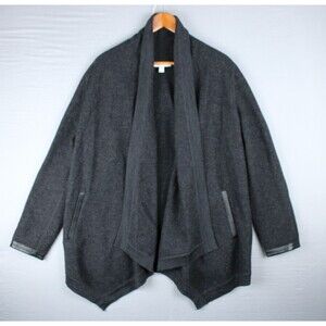 White Label White Company Open Cardigan Women 12 Open 100% Wool Leather Trim